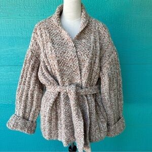 HANDMADE CROCHET BELTED WOOL CARDIGAN NEUTRAL COLORS SIZE LARGE EUC